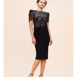 Kenna Puff Sleeve Lace Overlay Sheath Midi Dress